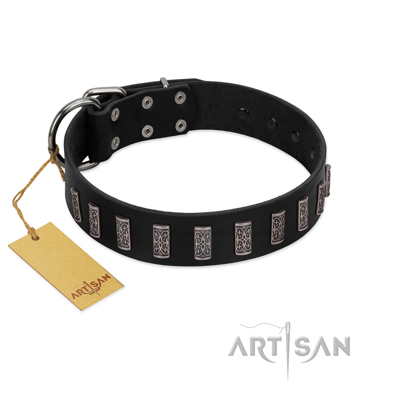 "Black Prince" Handmade FDT Artisan Black Leather Sharpei Collar with Silver-Like Adornments
