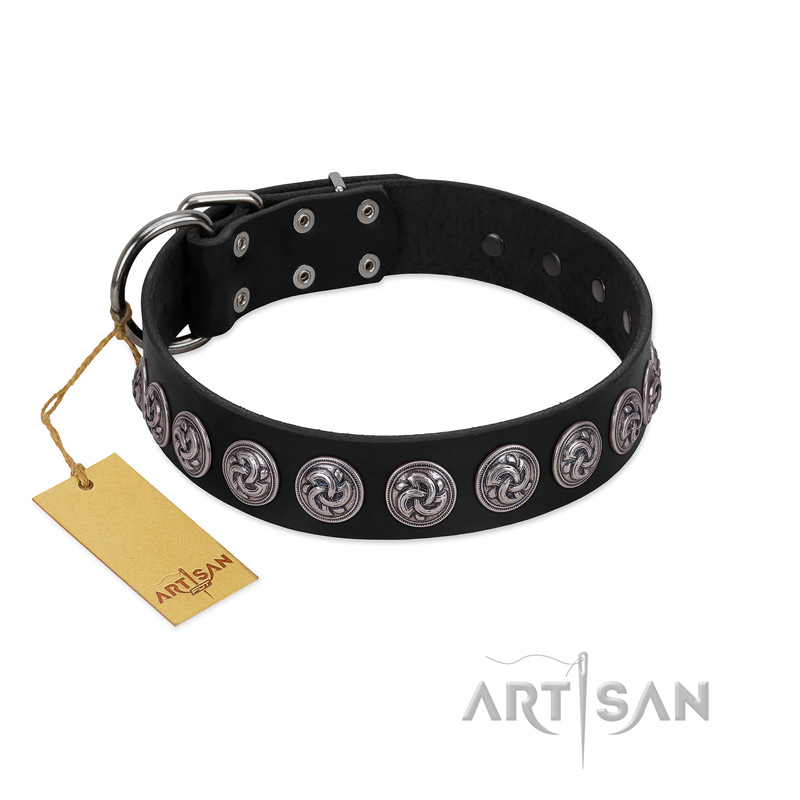 "Black Raven" Handmade FDT Artisan Black Leather Sharpei Collar with Silver-Like Adornments