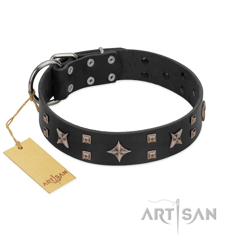 "Star Excitement" Modern FDT Artisan Black Leather Sharpei Collar with Studs and Stars