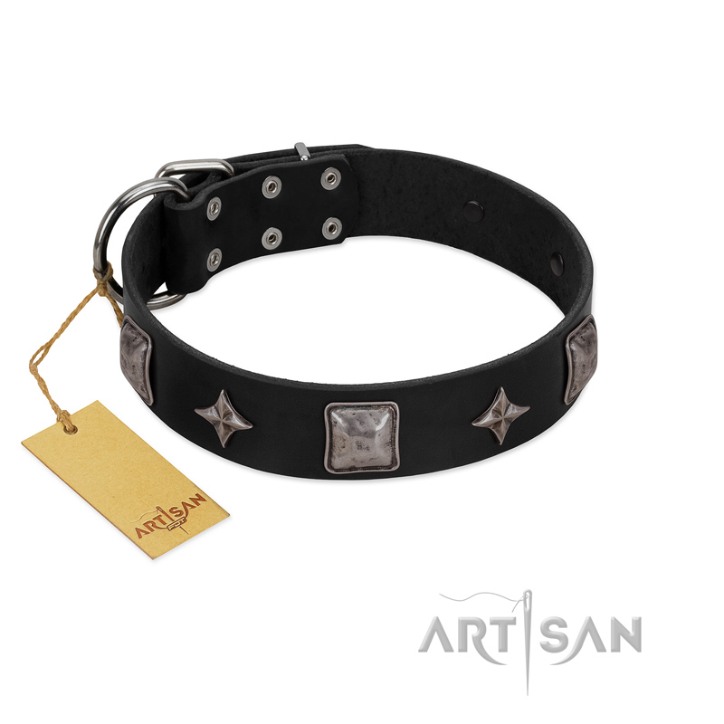 "Black Cavalier" Handmade FDT Artisan Black Leather Sharpei Collar with Silver-Like Stars and Large Plates