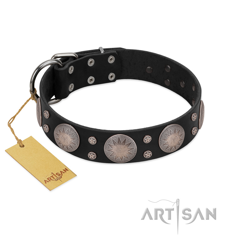 "Starry Sky" Trendy FDT Artisan Black Leather Sharpei Collar with Large Brooches