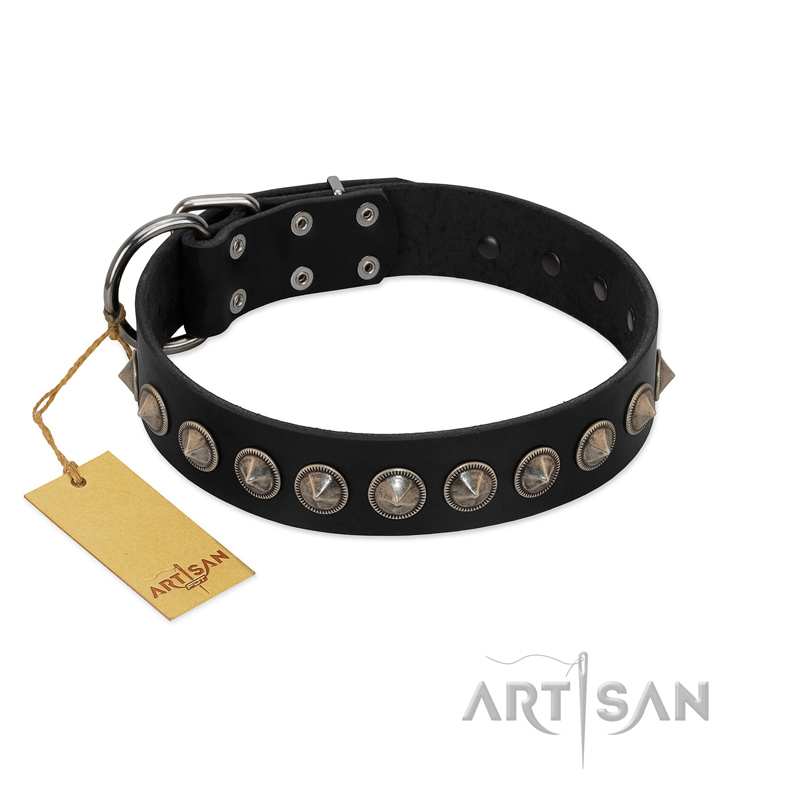 "Black Eagle" Handcrafted FDT Artisan Black Leather Sharpei Collar with Silver-Like Adornments