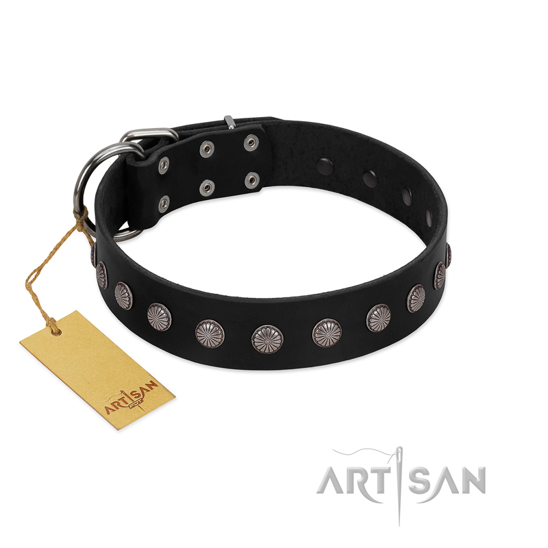 "Silver Flower" Exclusive FDT Artisan Black Leather Sharpei Collar with Silver-Like Studs
