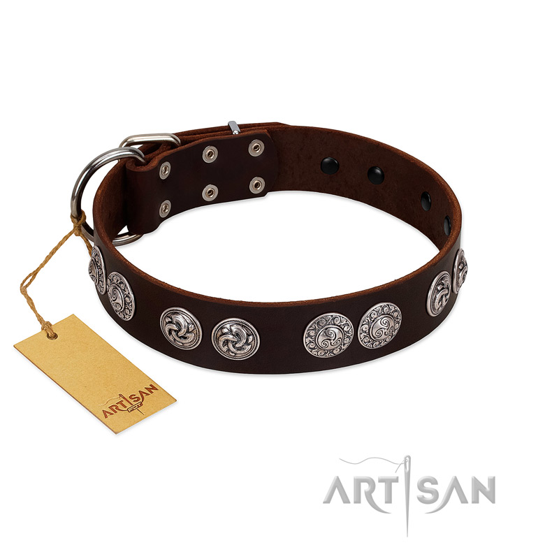 "High and Mighty" FDT Artisan Classy Brown Leather Sharpei Collar with Embellished Brooches - Click Image to Close