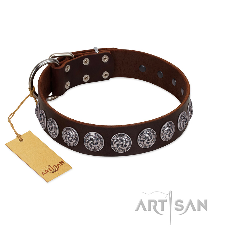 "Charming Circles" FDT Artisan Brown Leather Sharpei Collar with Silver-like Studs