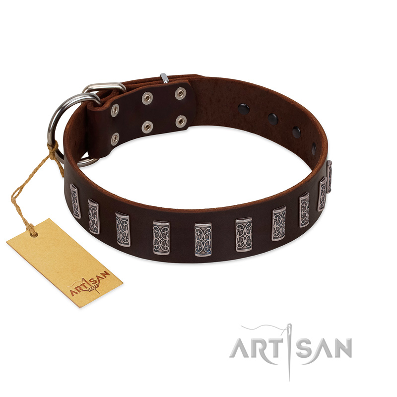 "Brown Lace" Handmade FDT Artisan Brown Leather Sharpei Collar for Everyday Walks