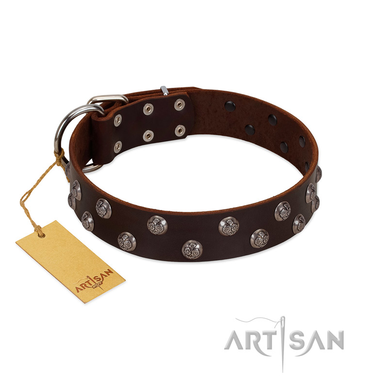 "Blossom Jewel" FDT Artisan Brown Leather Sharpei Collar with Two Rows of Silver-like Studs with Engraved Flowers