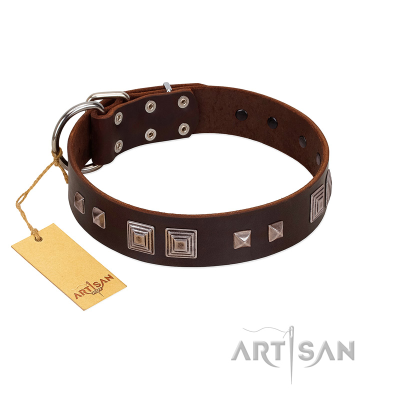 "Object of Virtu" FDT Artisan Brown Leather Sharpei Collar with Old Silver-like Square Studs and Pyramids - Click Image to Close