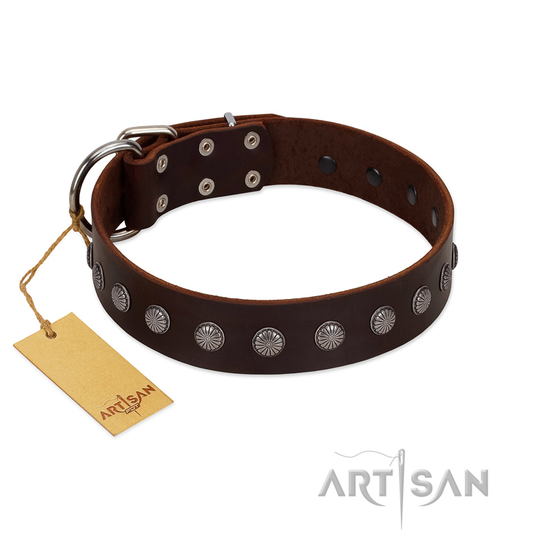"Spring Flower" Stylish FDT Artisan Brown Leather Sharpei Collar for Comfy Walks