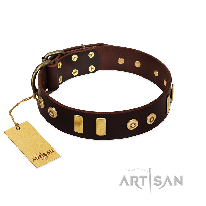 "Lord of Dogs" FDT Artisan Brown Leather Sharpei Collar with Old Bronze-like Dotted Studs and Tiles