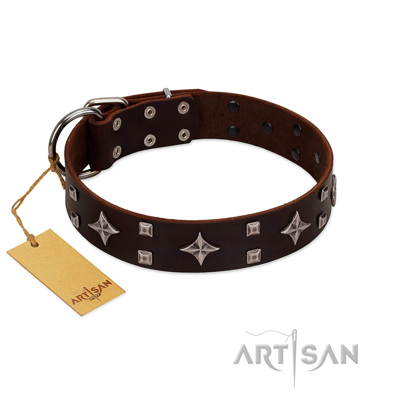 "Trendy Candy" FDT Artisan Brown Leather Sharpei Collar Adorned with Stars and Tiny Squares