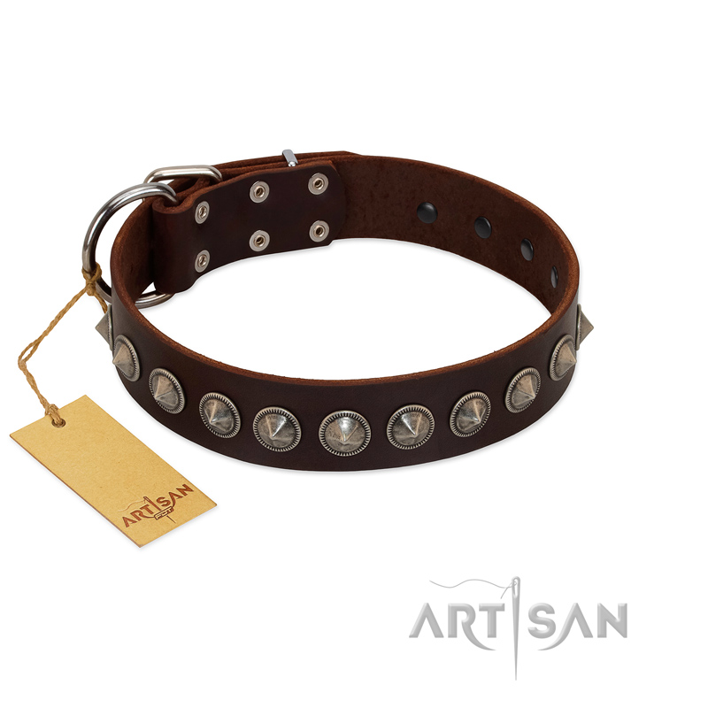 "Gothic Style" FDT Artisan Fancy Brown Leather Sharpei Collar with Silver-Like Decorations