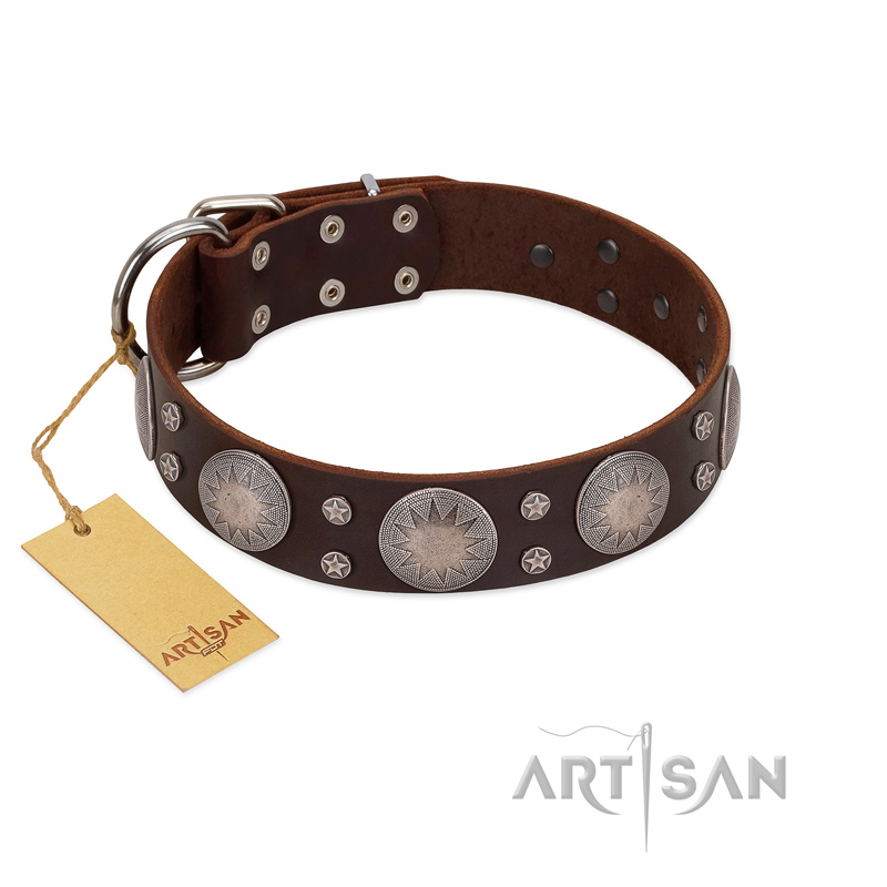 "Imperial Legate" FDT Artisan Brown Leather Sharpei Collar with Big Round Plates