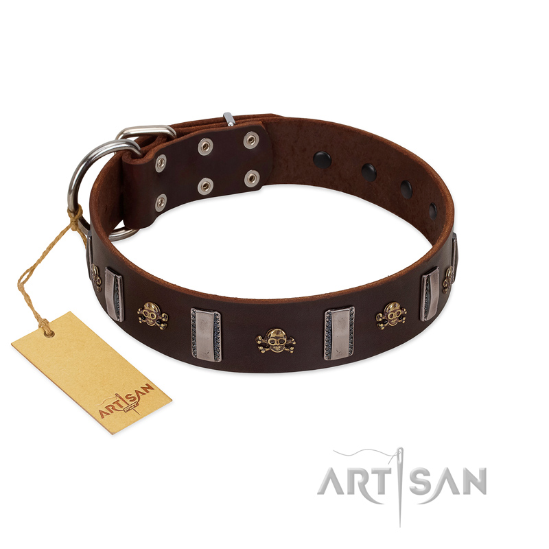 "War Chief" FDT Artisan Genuine Brown Leather Sharpei Collar with Skulls and Plates - Click Image to Close