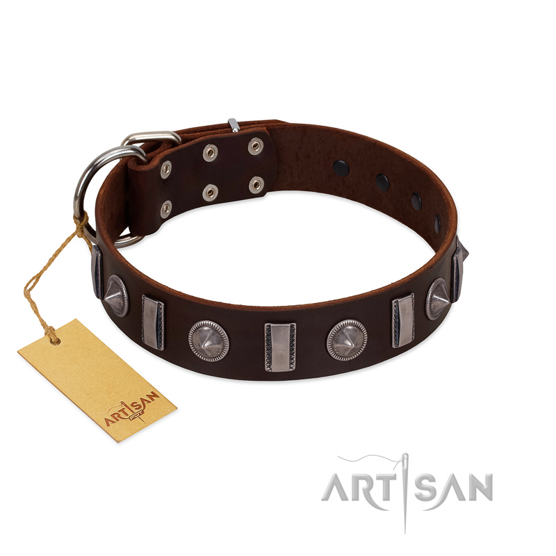 "Spiky Way" FDT Artisan Brown Leather Sharpei Collar with Silver-Like Decorations