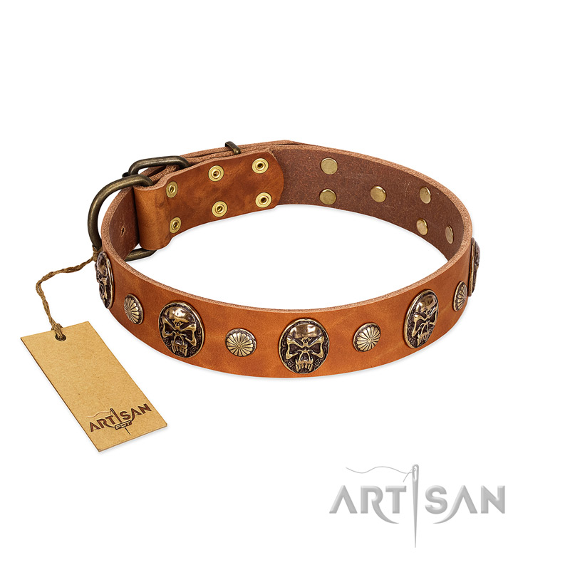 "Call of Feat" FDT Artisan Tan Leather Sharpei Collar with Old Bronze-like Studs and Oval Brooches