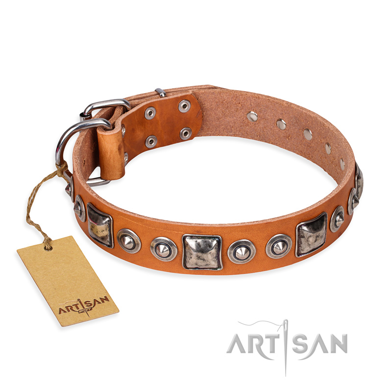 "Era of Future" FDT Artisan Handcrafted Tan Leather Sharpei Collar with Decorations - Click Image to Close