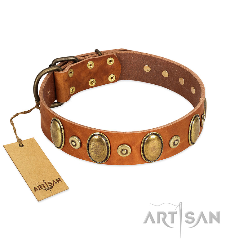 "Crystal Sand" FDT Artisan Tan Leather Sharpei Collar with Vintage Looking Oval and Round Studs