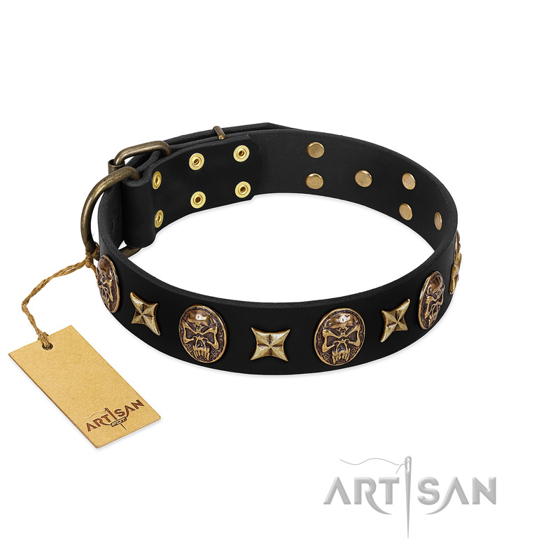 "Starry Saga" FDT Artisan Black Leather Sharpei Collar with Stars and Skulls