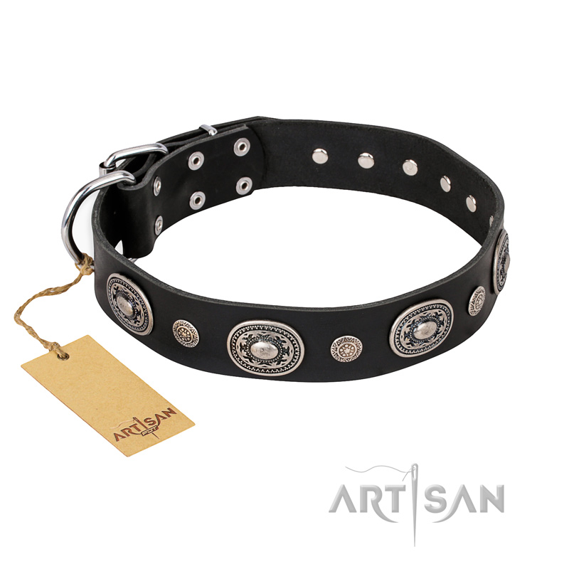 "Black Tie" FDT Artisan Leather Sharpei Collar with Old Silver-like Decorations