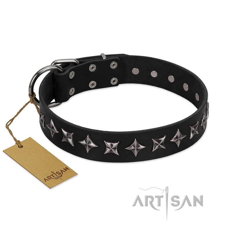 "Lights-out" FDT Artisan Black Leather Sharpei Collar with Silver-like Set of Stars