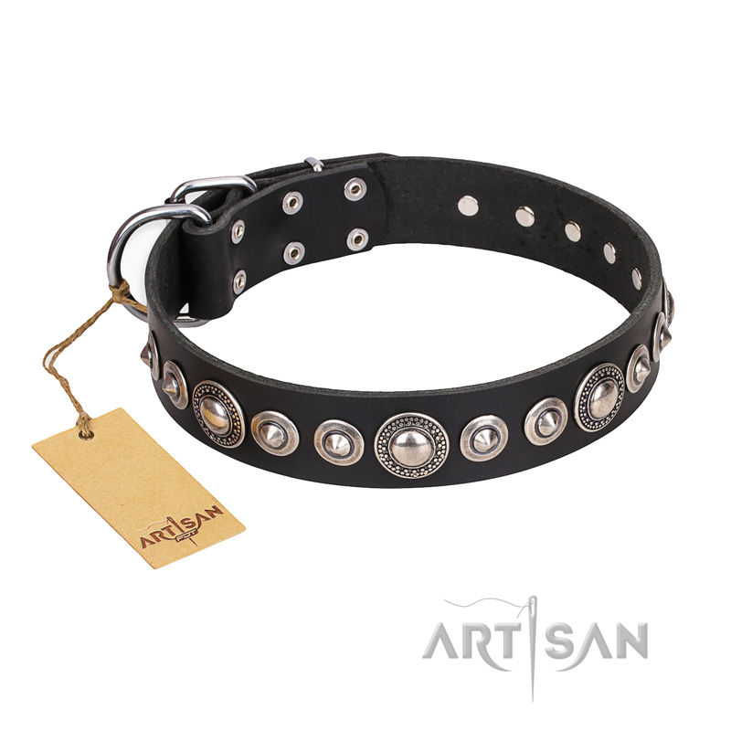 "Strict Elegance" FDT Artisan Black Leather Sharpei Collar with Decorations - Click Image to Close