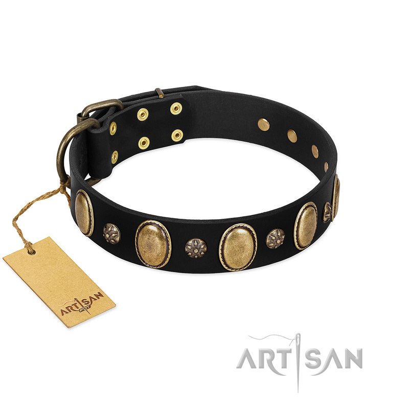"Gilded Stones" FDT Artisan Black Leather Sharpei Collar with Old Bronze-like Ovals and Studs - 1 1/2 inch (40 mm) wide