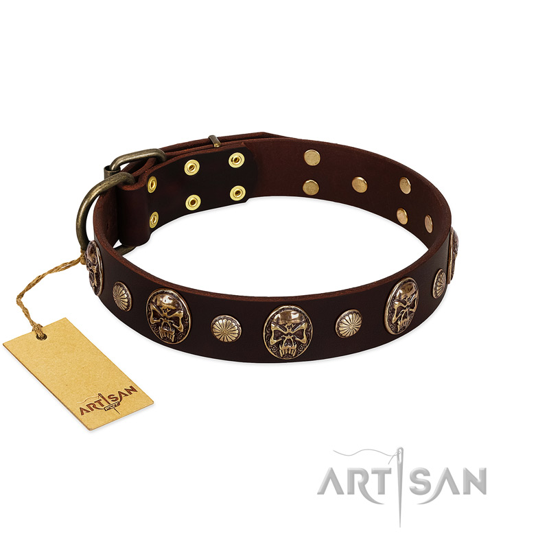 "Snazzy Paws" FDT Artisan Brown Leather Sharpei Collar Adorned with Conchos and Medallions