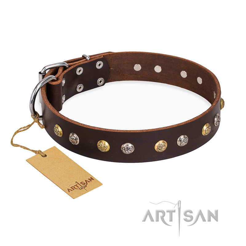 "Golden"n"Silver Luxury" FDT Artisan Leather Sharpei Collar with Engraved Studs