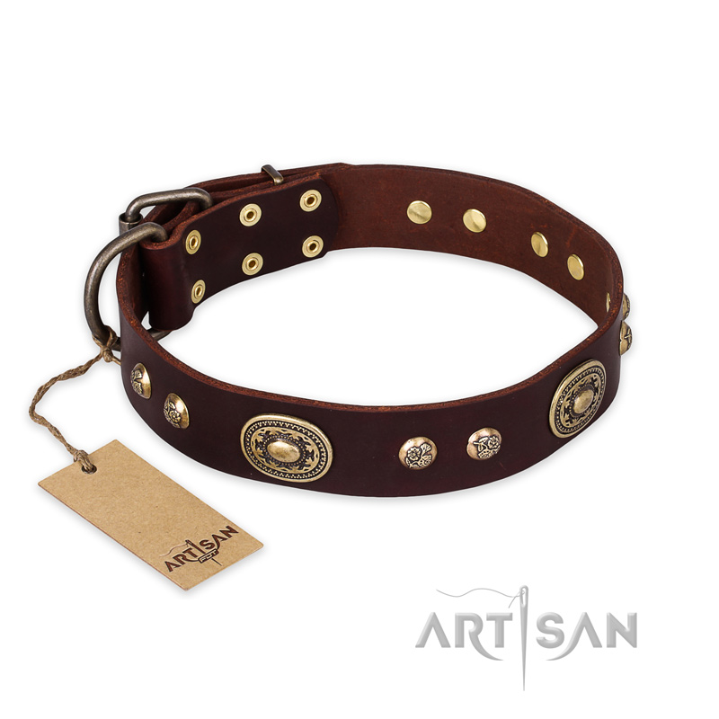 "Breath of Elegance" FDT Artisan Decorated with Plates Brown Leather Sharpei Collar - Click Image to Close
