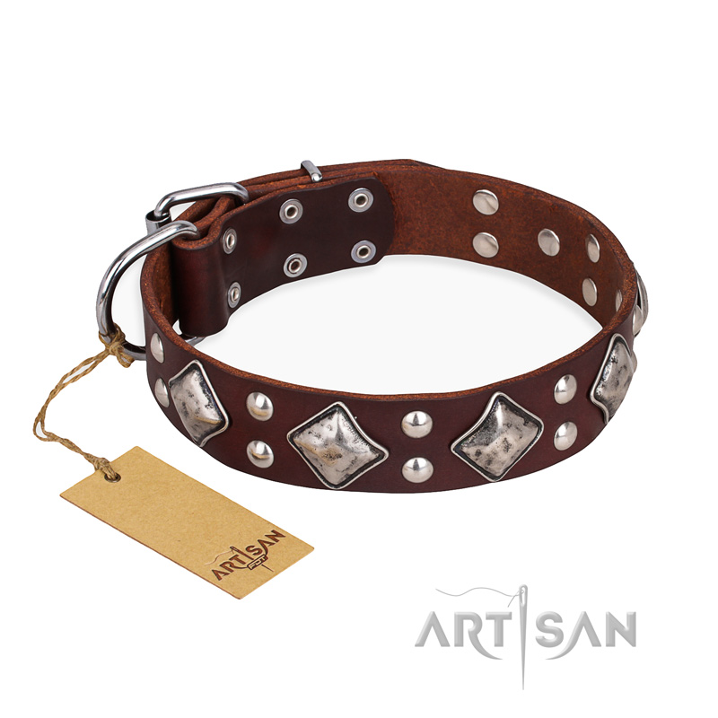 "King of Grace" FDT Artisan Stylish Leather Sharpei Collar with Old Silver-Like Plated Decorations - Click Image to Close