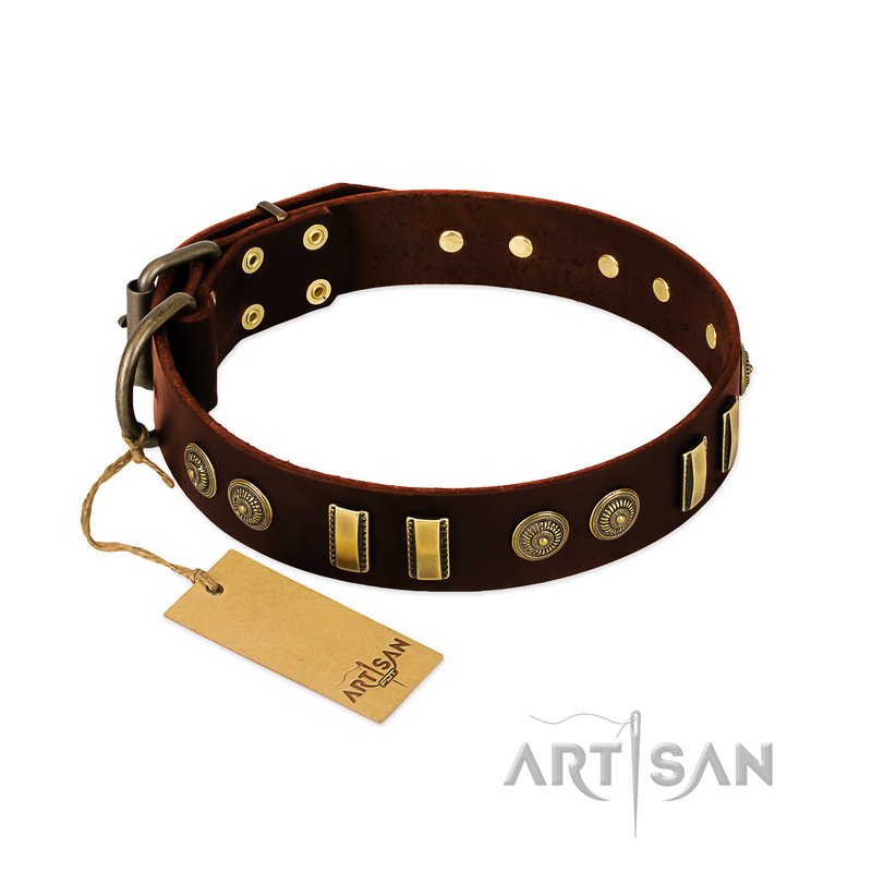 "Golden Elegance" FDT Artisan Brown Leather Sharpei Collar with Old Bronze-like Decorations