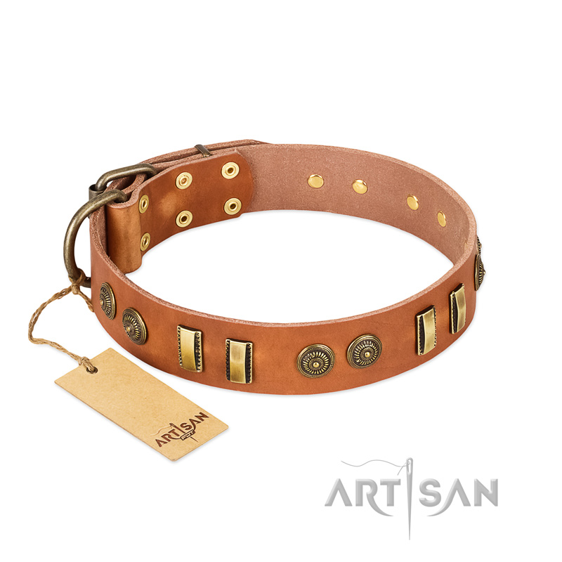 "Natural Beauty" FDT Artisan Tan Leather Sharpei Collar with Old Bronze-like Circles and Plates