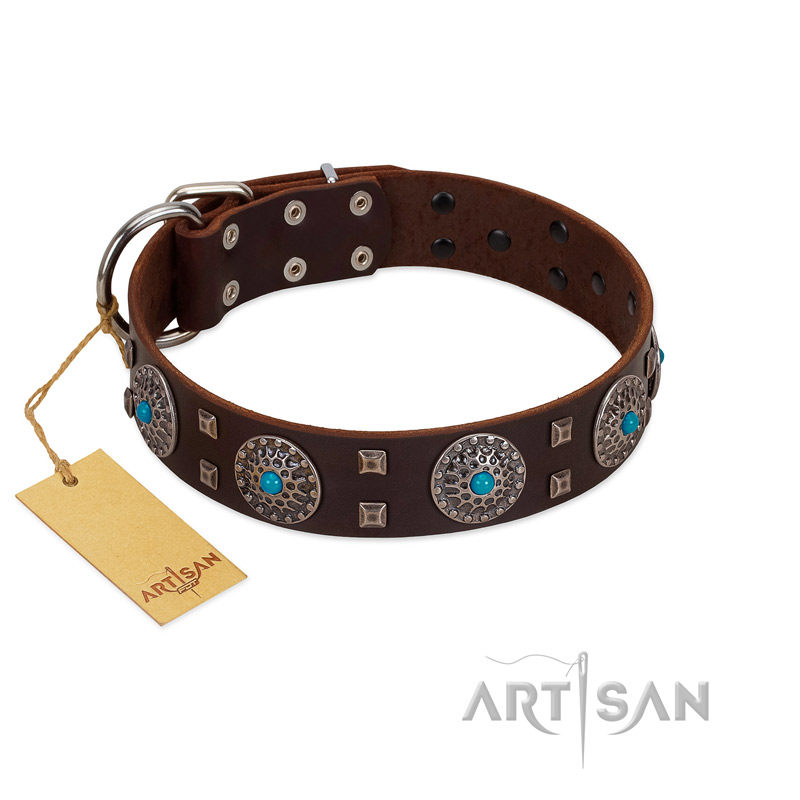 "Hypnotic Stones" FDT Artisan Brown Leather Sharpei Collar with Chrome Plated Brooches and Square Studs