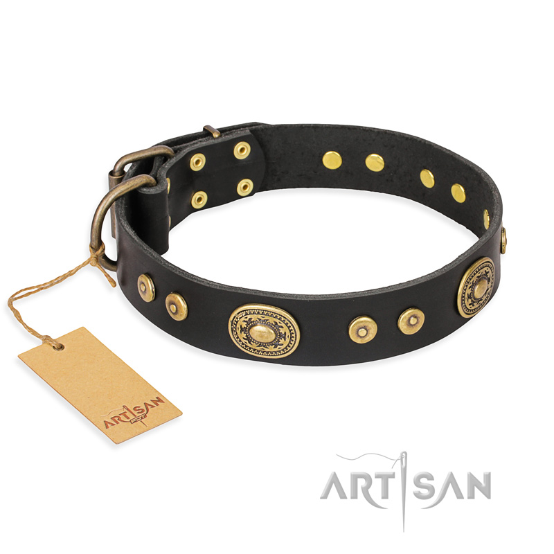 "Golden Radiance" FDT Artisan Black Leather Sharpei Collar with Old Bronze Look Ovals and Circles