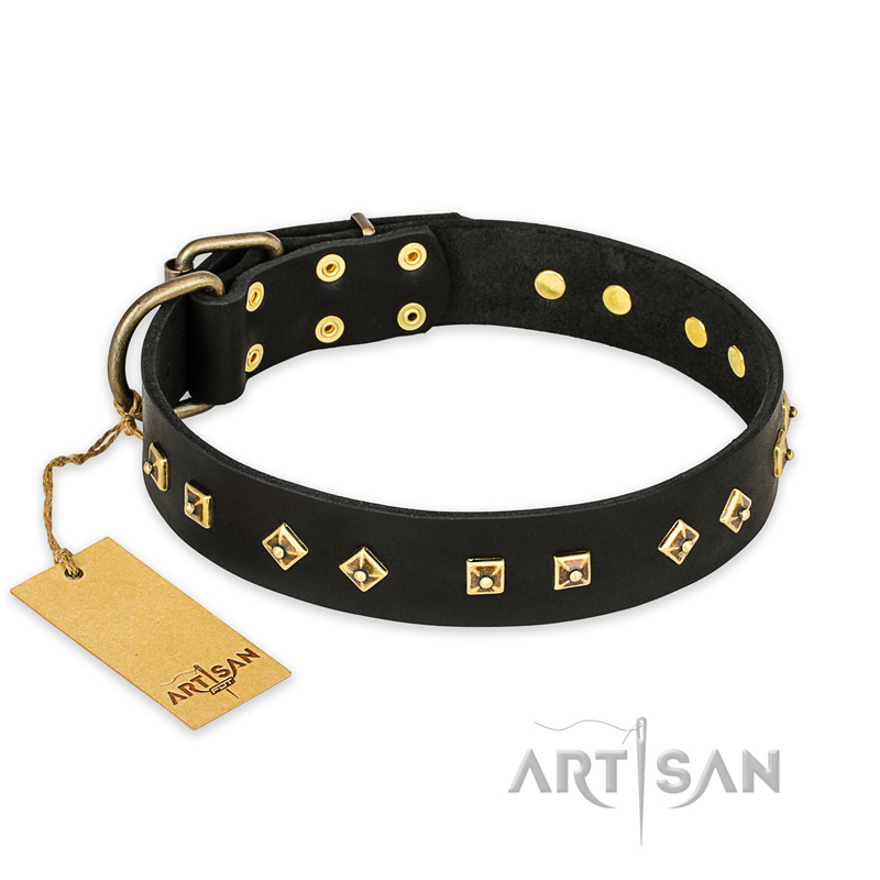 "Rhomb Style" FDT Artisan Decorated Leather Sharpei Collar with Old Bronze-Plated Studs 1 1/2 inch (40 mm) Wide