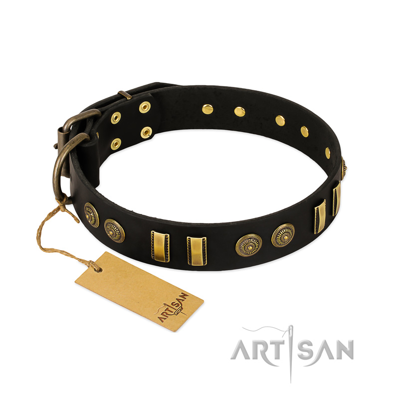 "Simple Elegance" FDT Artisan Black Leather Sharpei Collar with Old Bronze-like Plates and Circles