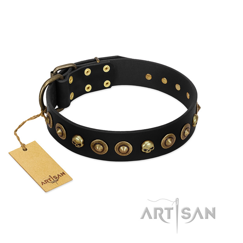 "Reckless Mutt" FDT Artisan Black Leather Sharpei Collar with Skulls and Brooches