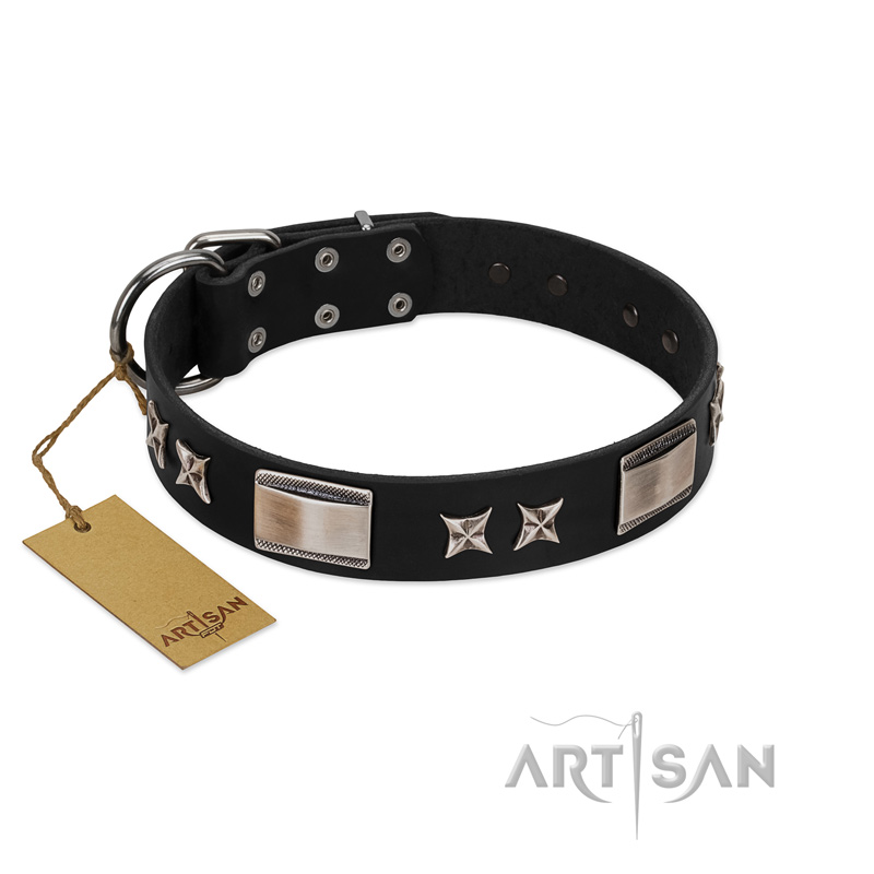 "Pitch Dark" FDT Artisan Black Leather Sharpei Collar with Stars and Plates