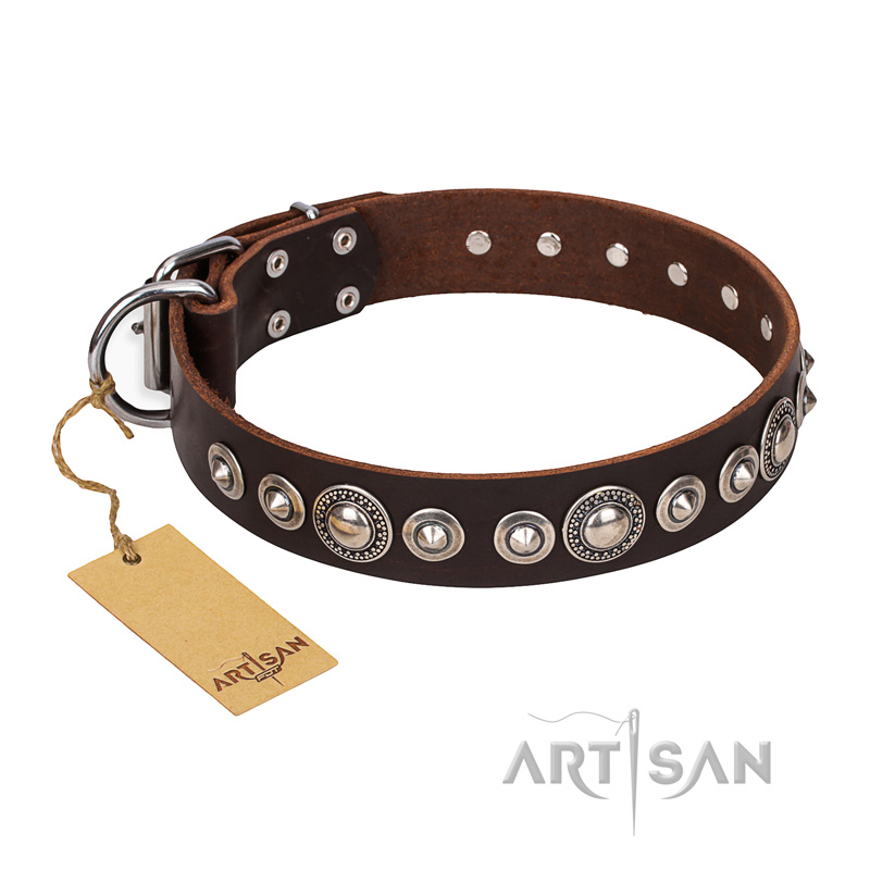 "Step and Sparkle" FDT Artisan Glamorous Studded Brown Leather Sharpei Collar