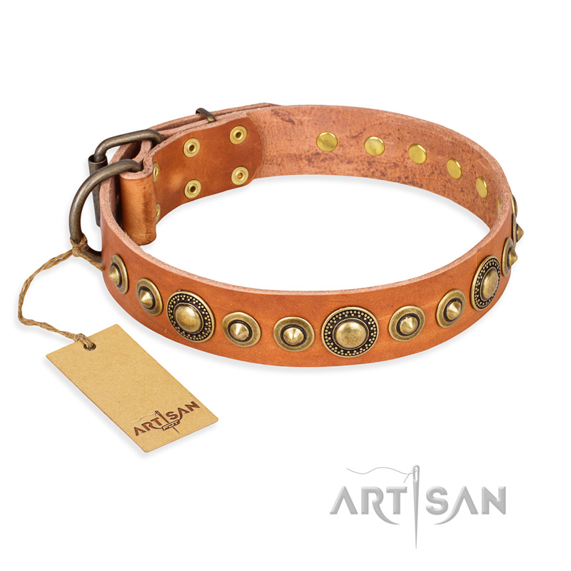 "Feast of Luxury" FDT Artisan Tan Leather Sharpei Collar with Old Bronze Look Circles