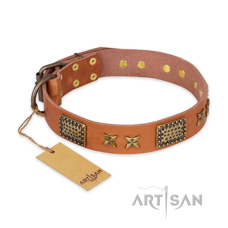 "Cosmic Traveller" FDT Artisan Adorned Leather Sharpei Collar with Old Bronze-Plated Stars and Plates
