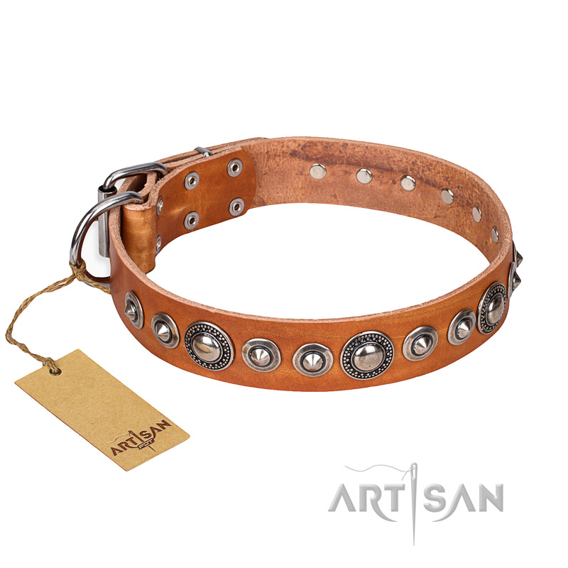 "Daily Chic" FDT Artisan Tan Leather Sharpei Collar with Decorations - Click Image to Close