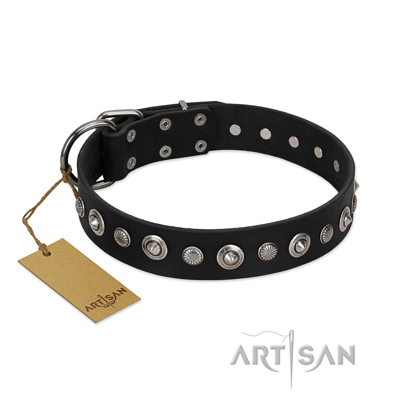 "Genteel Charm" FDT Artisan Black Leather Sharpei Collar with Silver-like Round Conchos