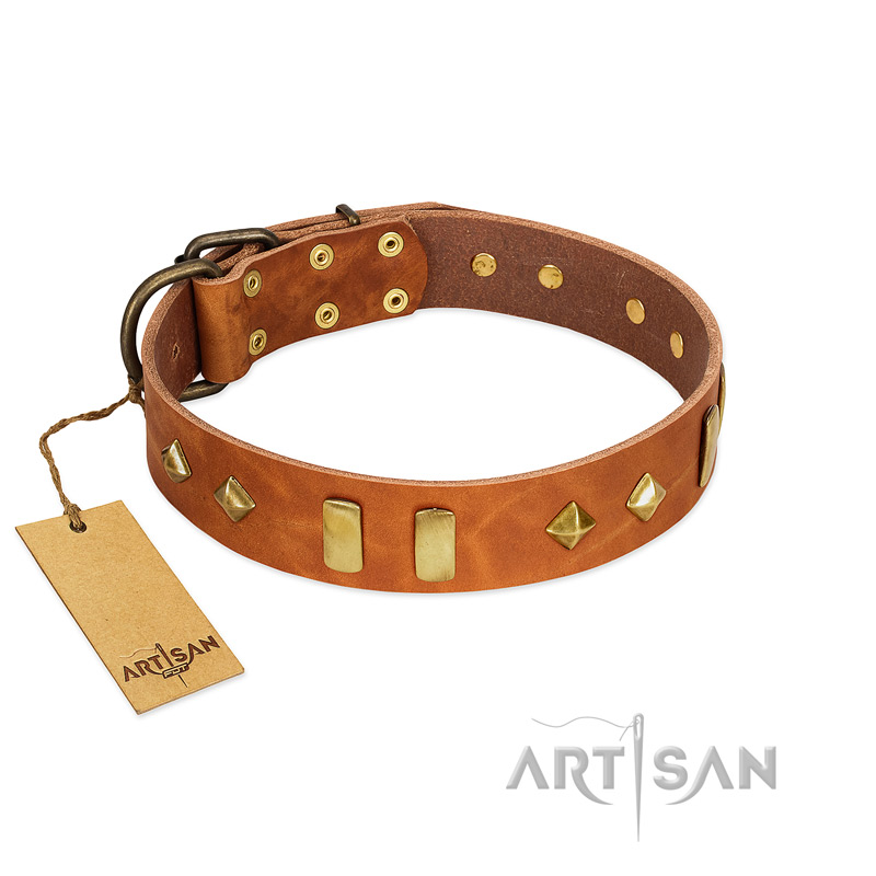 "Woofy Dawn" FDT Artisan Tan Leather Sharpei Collar with Plates and Rhombs