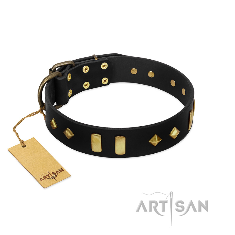 "De Luxe" FDT Artisan Black Leather Sharpei Collar with Old Bronze-like Plates and Studs