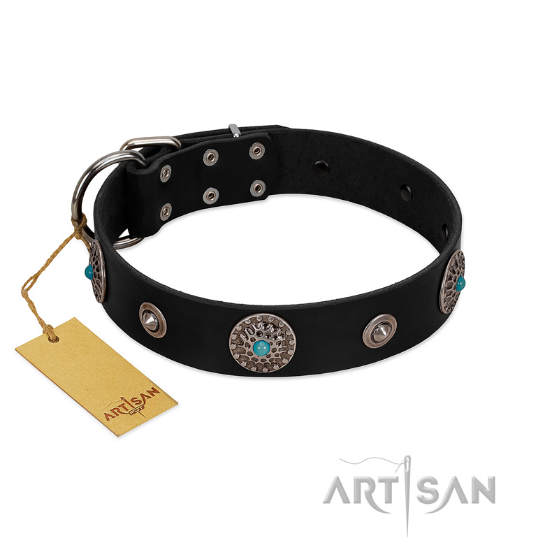 "Blue Gems" FDT Artisan Black Leather Sharpei Collar with Chrome Plated Studs and Conchos