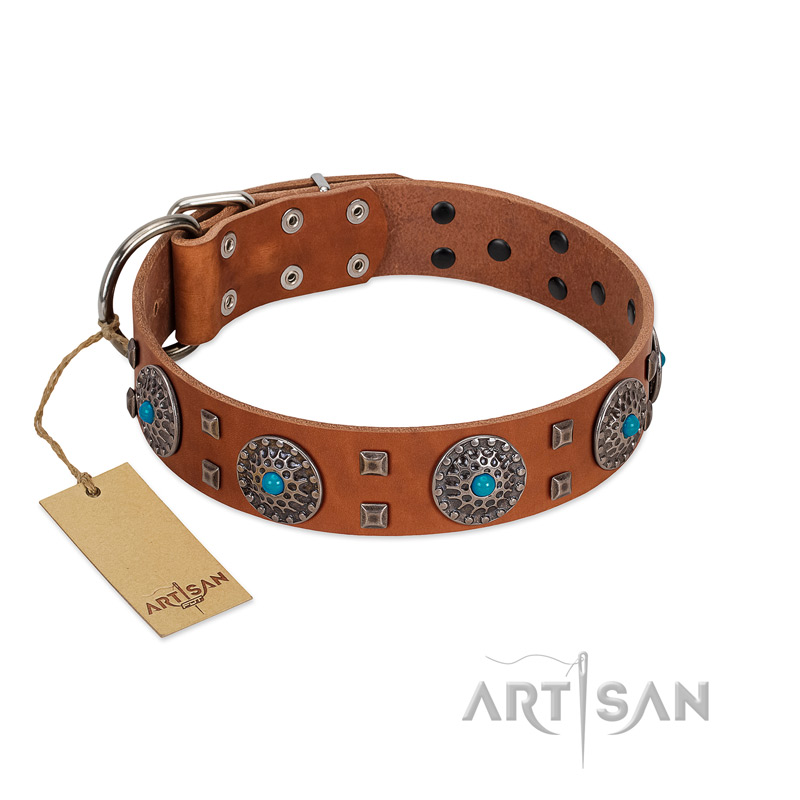 "Blue Sands" FDT Artisan Tan Leather Sharpei Collar with Silver-like Studs and Round Conchos with Stones