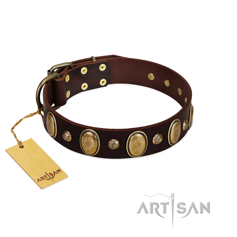 "Natural Grace" FDT Artisan Handmade Decorated Brown Leather Sharpei Collar
