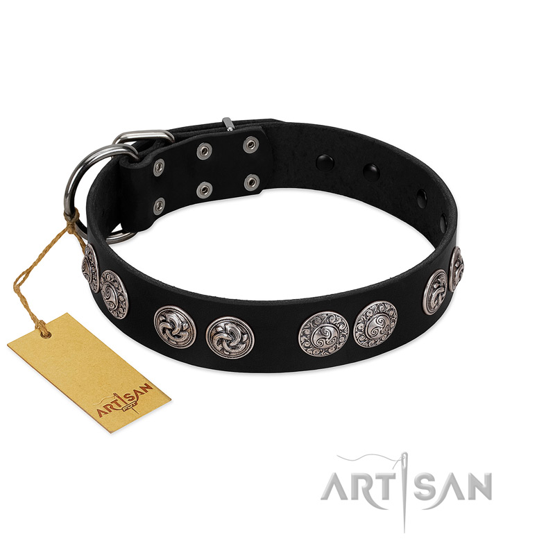 "Magic Amulete" Handcrafted FDT Artisan Black Leather Sharpei Collar with Chrome-Plated Shields